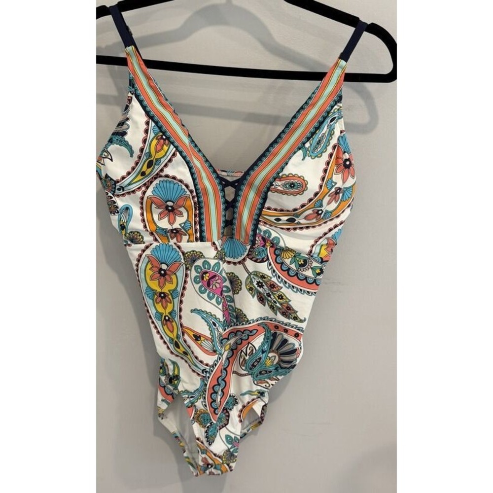 La Blanca One Piece Bright Print on White Swimsuit Adjustable Size 14